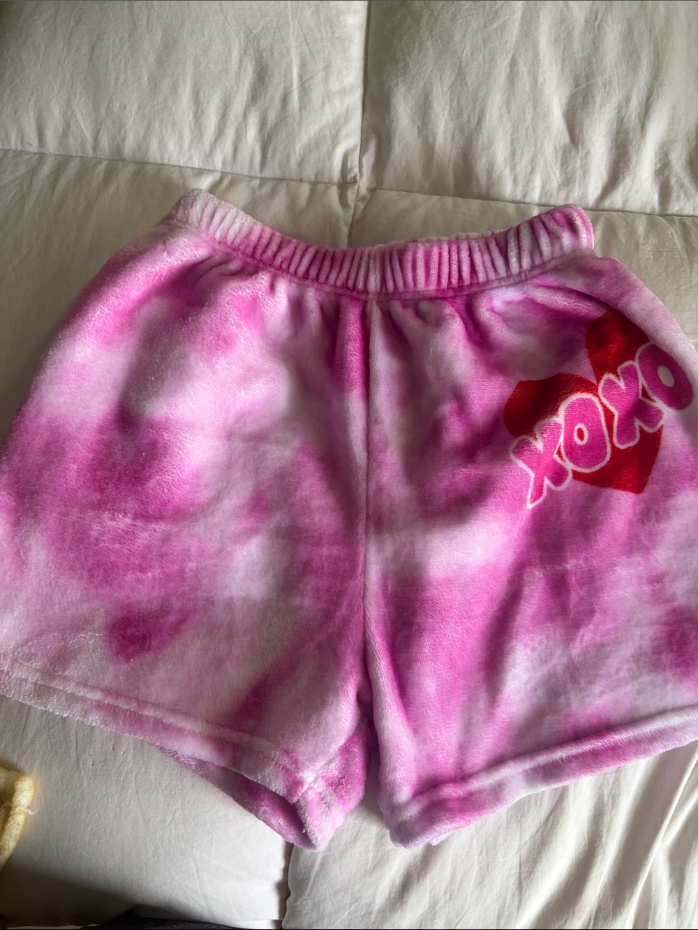 Theme Pink Tie-Dye Plush Athletic Shorts with Red XOXO Heart